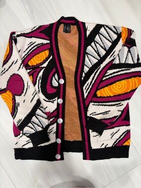 Steady Hands Anime Wolf Dog Graphic Knit Cardigan Oversized – Black Pink Orange